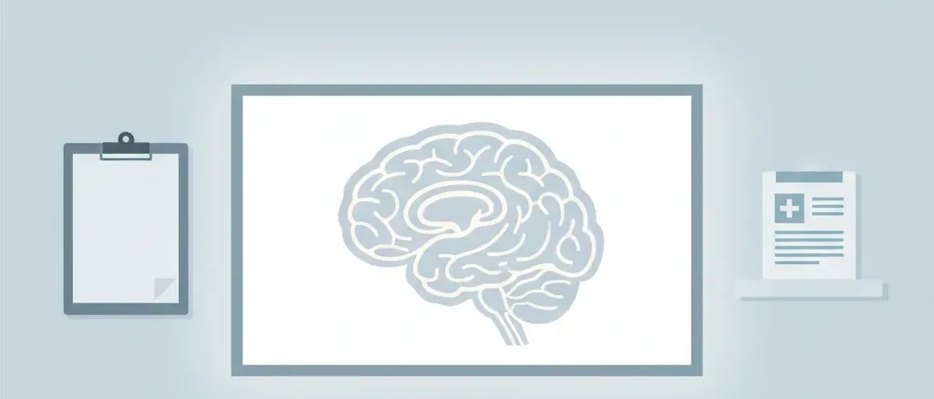 A flat vector illustration of a brain scan image on a light box, muted tones.